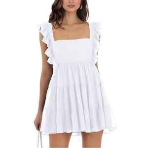 Women’s Summer Square Neck Tie Back Ruffle Sleeve Tiered Casual Short Mini Dress